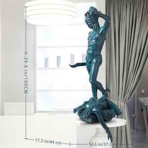 Blue verdigris Perseus Medusa bronze sculpture showing full scale in modern interior setting