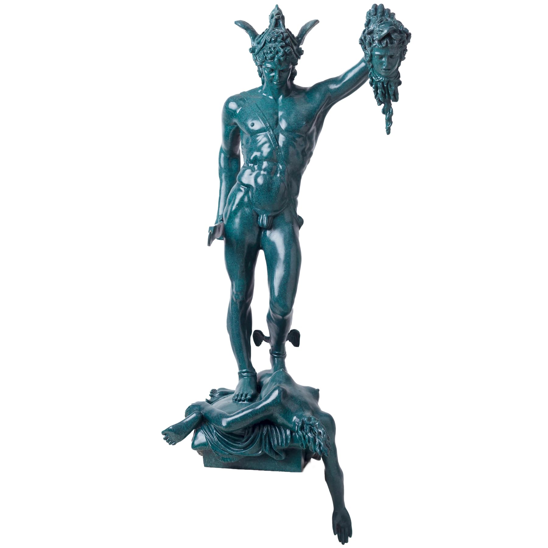 Cellini Perseus Medusa bronze sculpture 39.4-inch blue verdigris in luxury living room setting