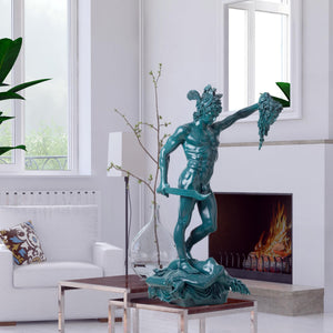 Full side view of 39.4-inch blue Cellini Perseus holding Medusa head bronze sculpture