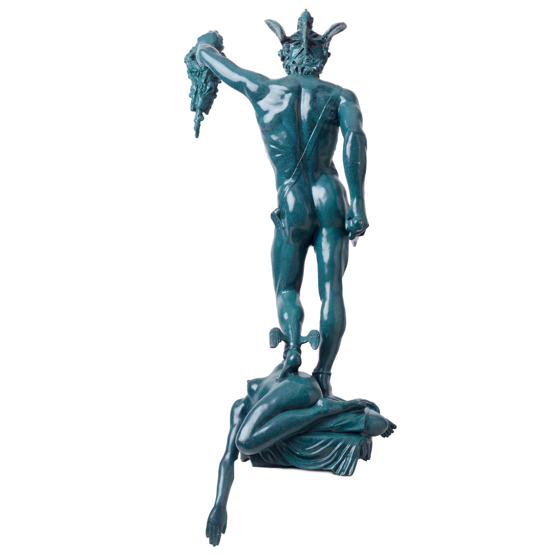 Front detail view of large blue verdigris Cellini Perseus Medusa bronze mythology sculpture
