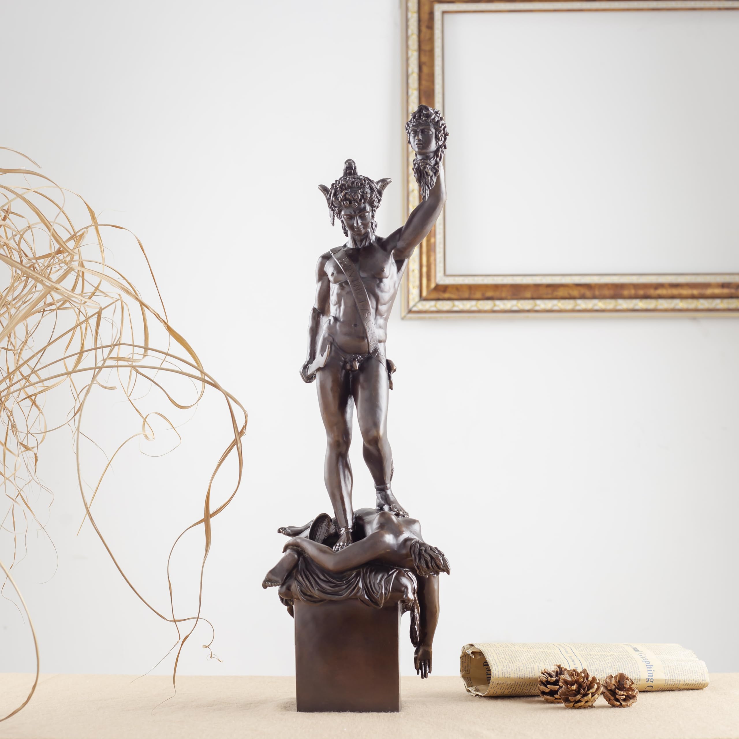 Right view of dark brown patina Perseus holding Medusa head bronze sculpture