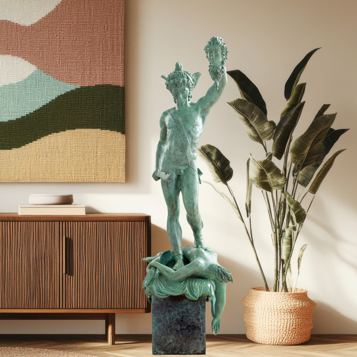 Cellini Perseus Medusa green bronze sculpture displayed at home entrance with Christmas tree