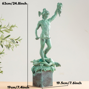 Perseus Medusa verdigris green bronze sculpture as statement home décor beside sofa