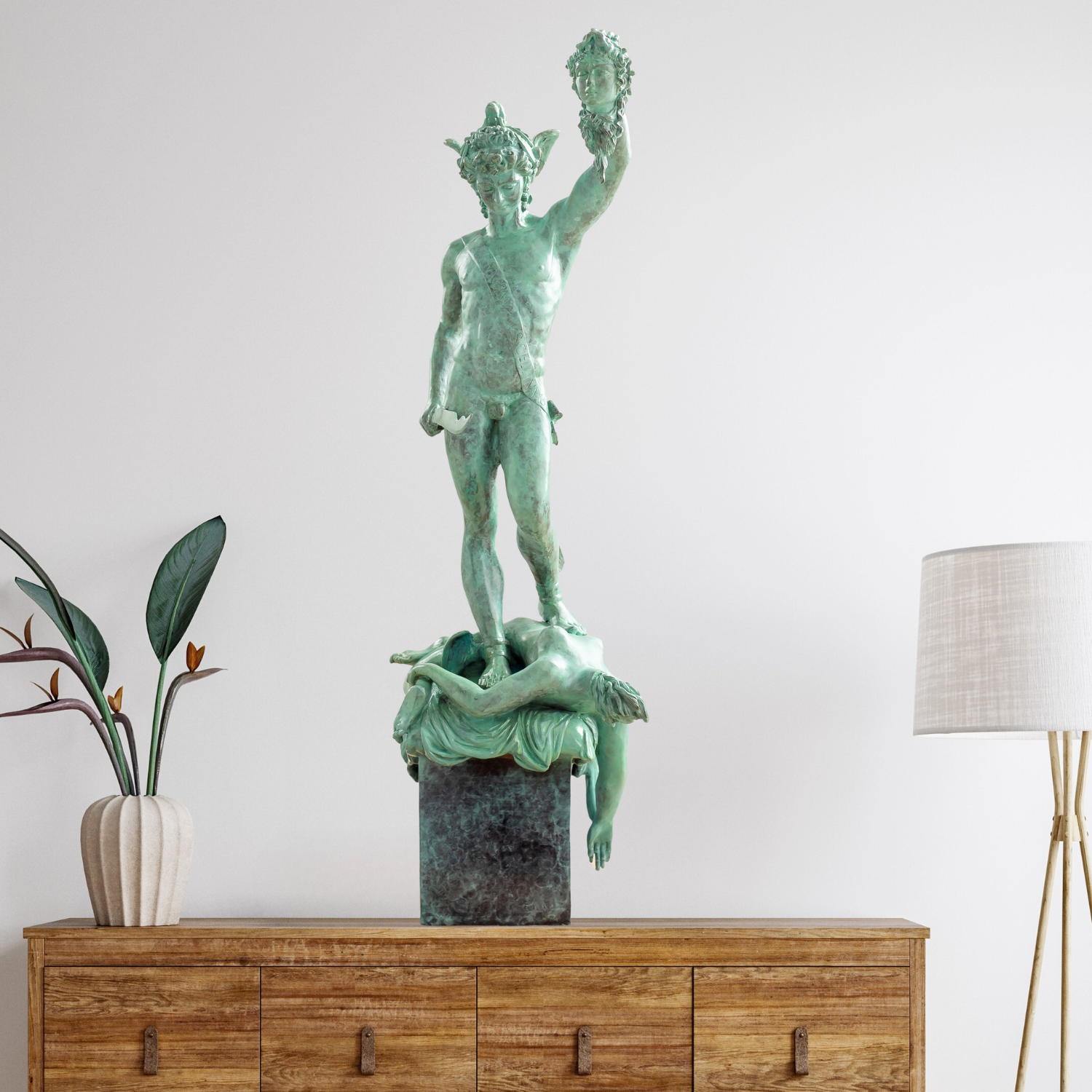 Benvenuto Cellini Perseus Medusa bronze sculpture verdigris green displayed in living room