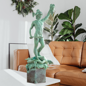 Perseus Medusa green bronze sculpture as luxury office and gallery display piece