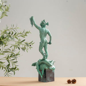 Right angle view of Perseus Medusa green bronze sculpture showing figure detail