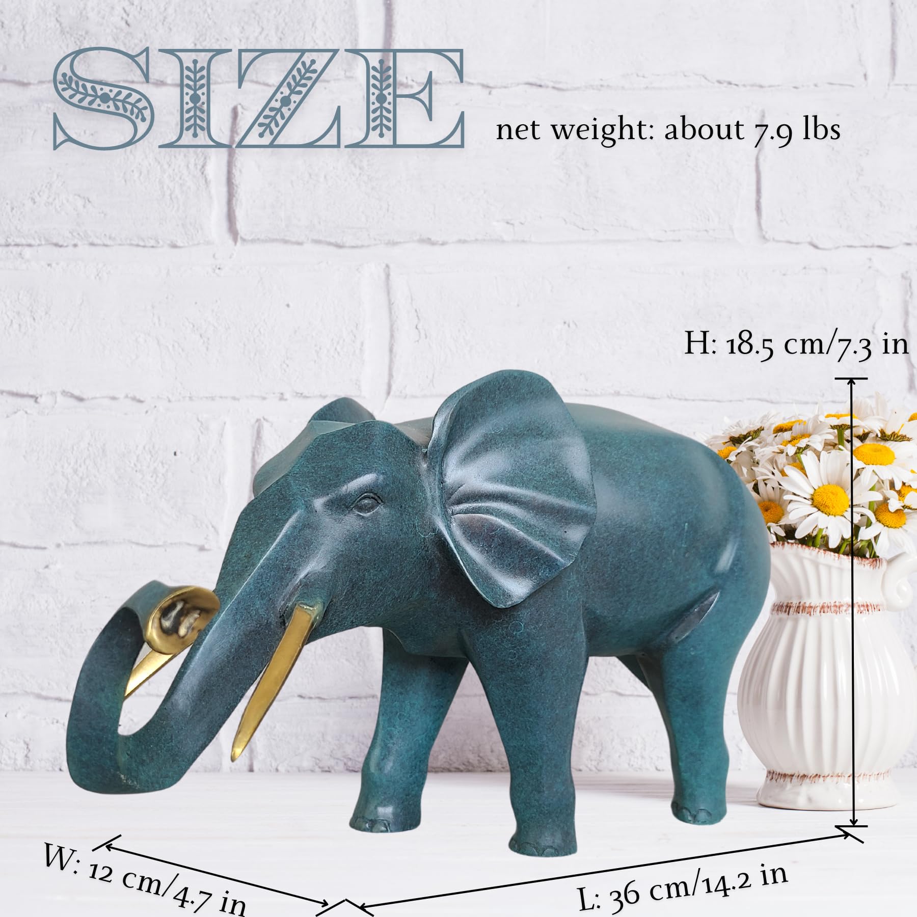 Cerulean blue bronze elephant statue trunk up size chart showing weight and dimension specifications