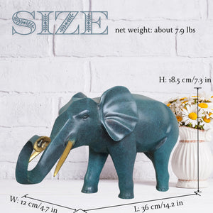 Cerulean blue bronze elephant statue trunk up size chart showing weight and dimension specifications