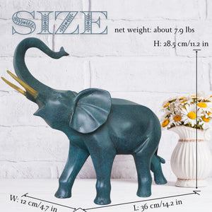 Cerulean blue bronze elephant statue trunk down size chart showing weight and dimension specifications