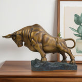 Charging bull sculpture antique bronze, front view.