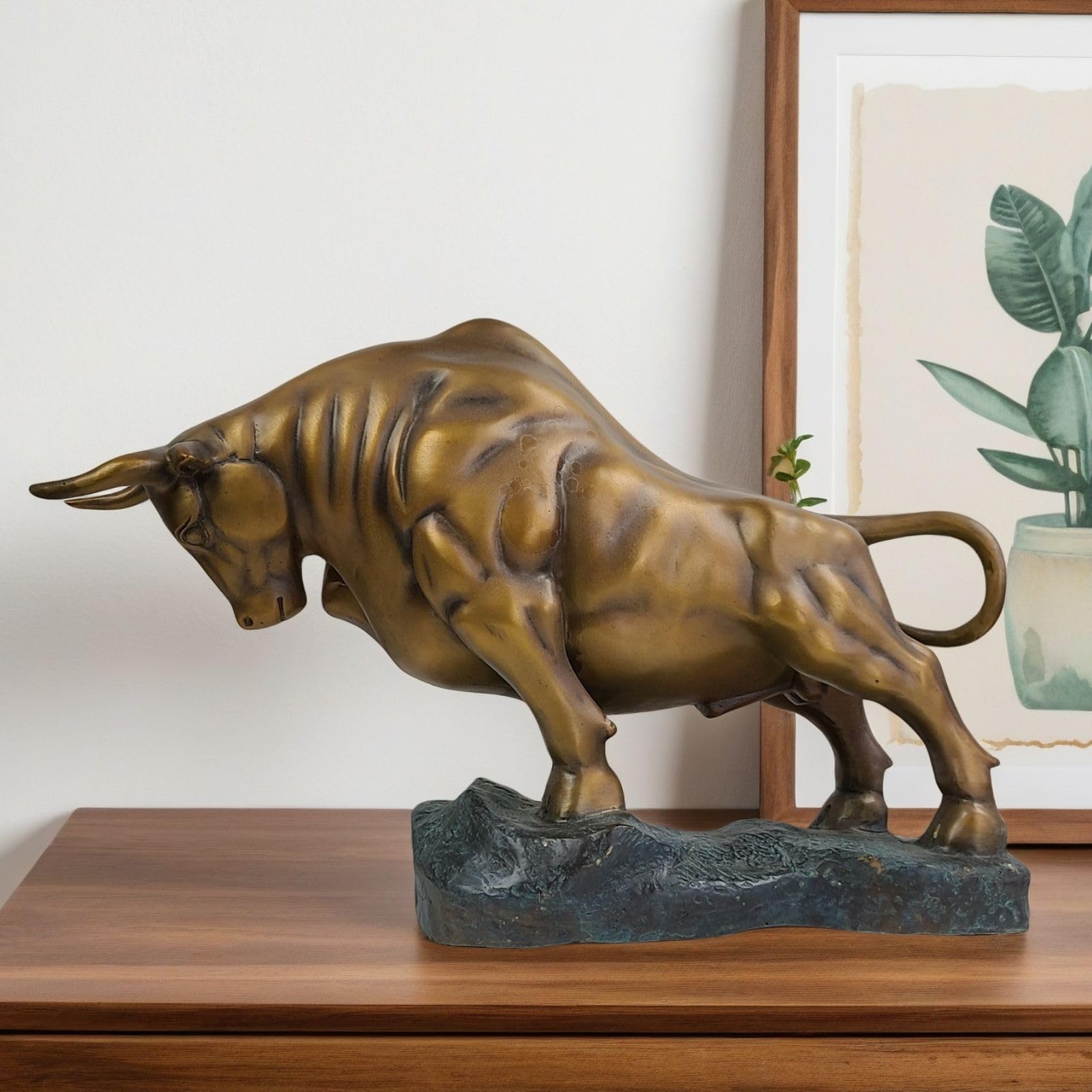 Charging bull sculpture antique bronze, front view.