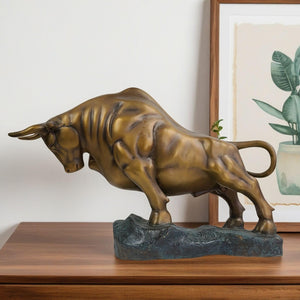 Charging bull sculpture antique bronze, front view.