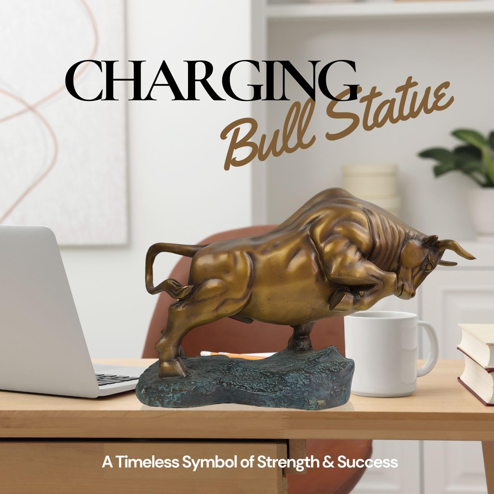 Charging bull sculpture in antique bronze, side angle view.