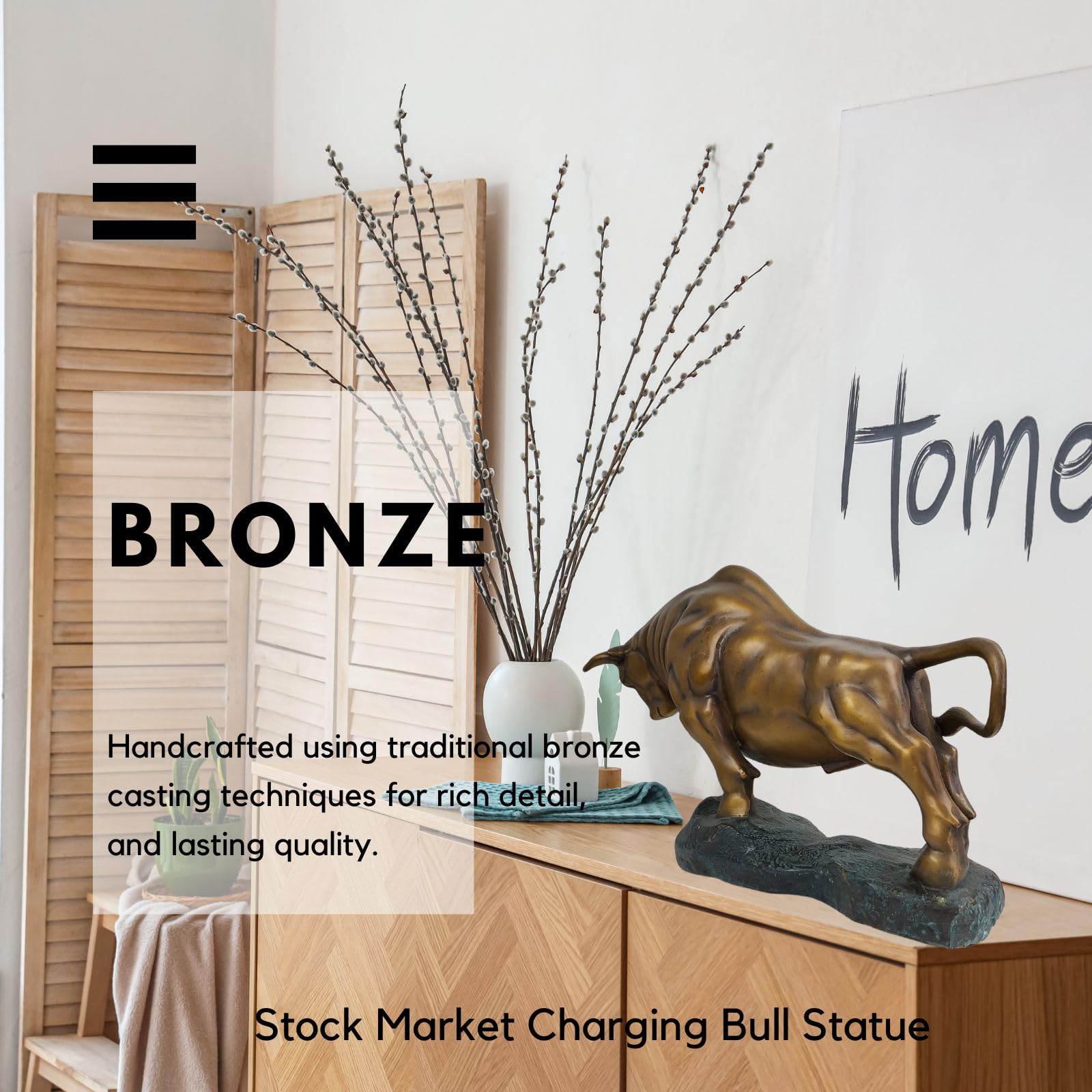 Antique bronze charging bull sculpture, side profile display.