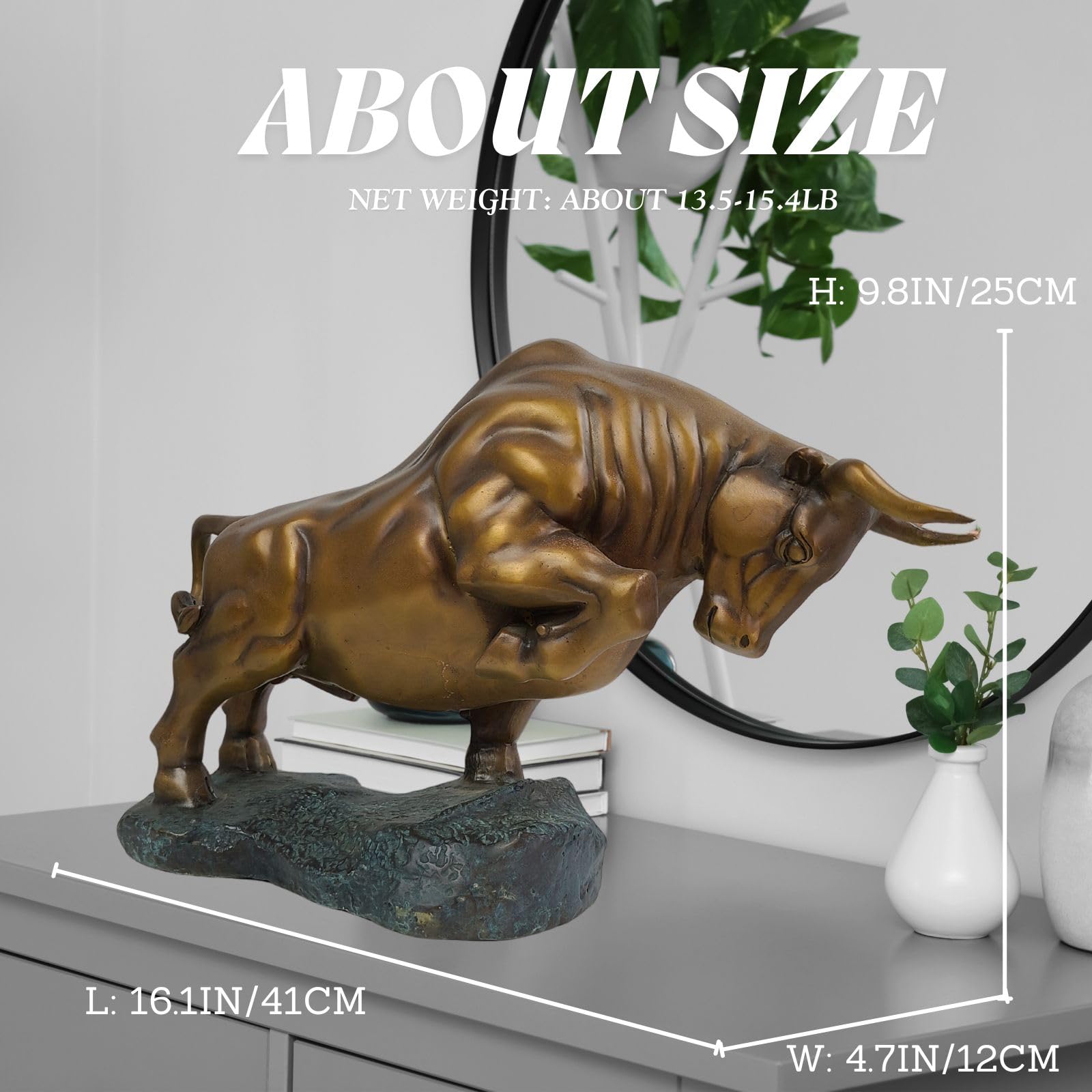 15.8-inch antique bronze bull statue size and scale reference.