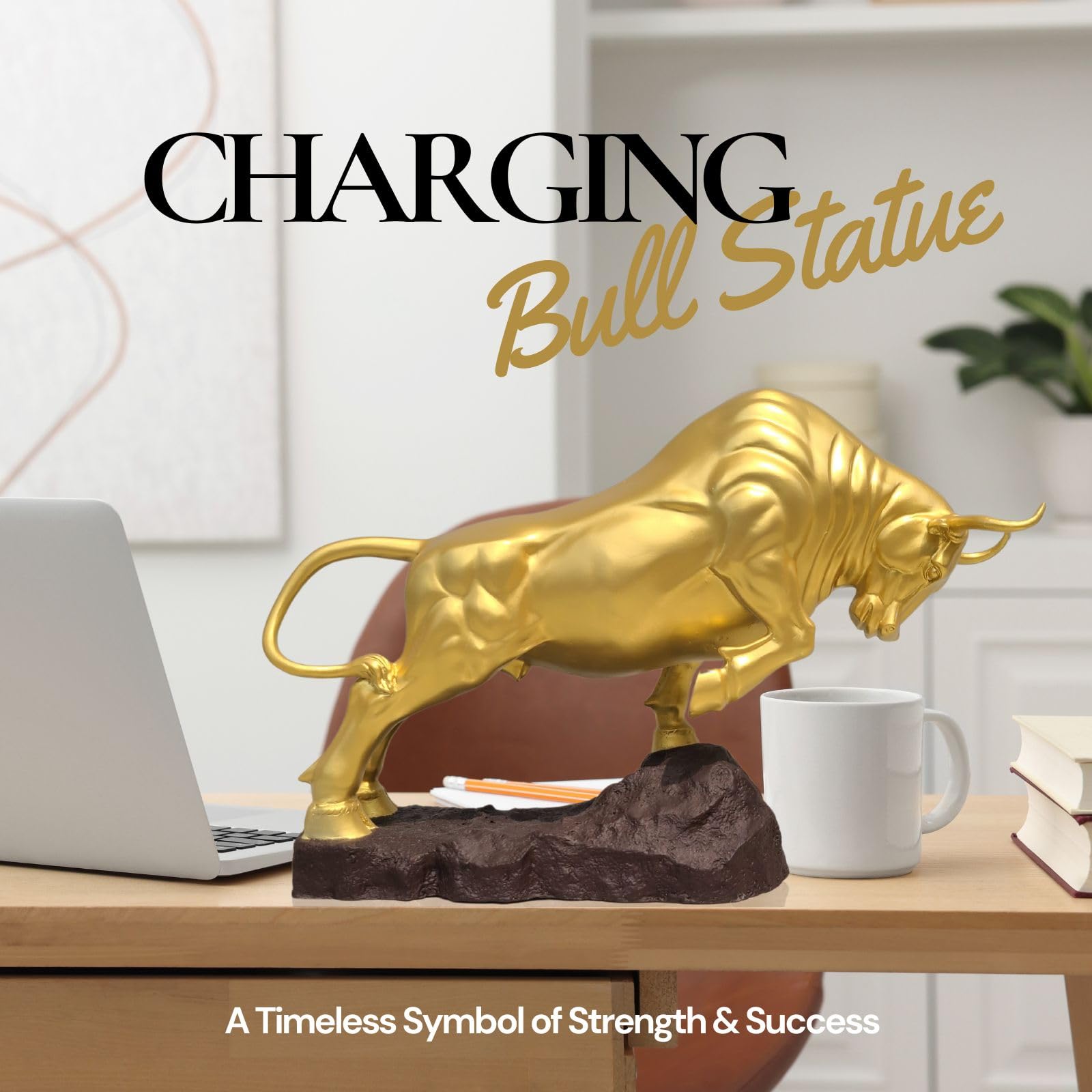Dynamic action view of the handcrafted golden Wall Street bull decorative figurine.