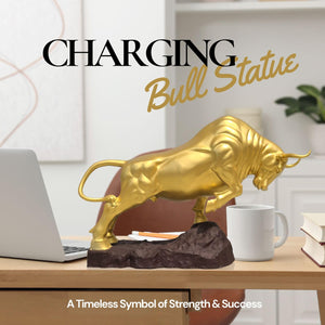 Dynamic action view of the handcrafted golden Wall Street bull decorative figurine.