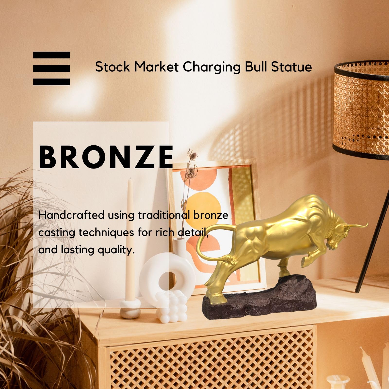 Golden charging bull bronze sculpture styled as a luxury executive office desk decor.