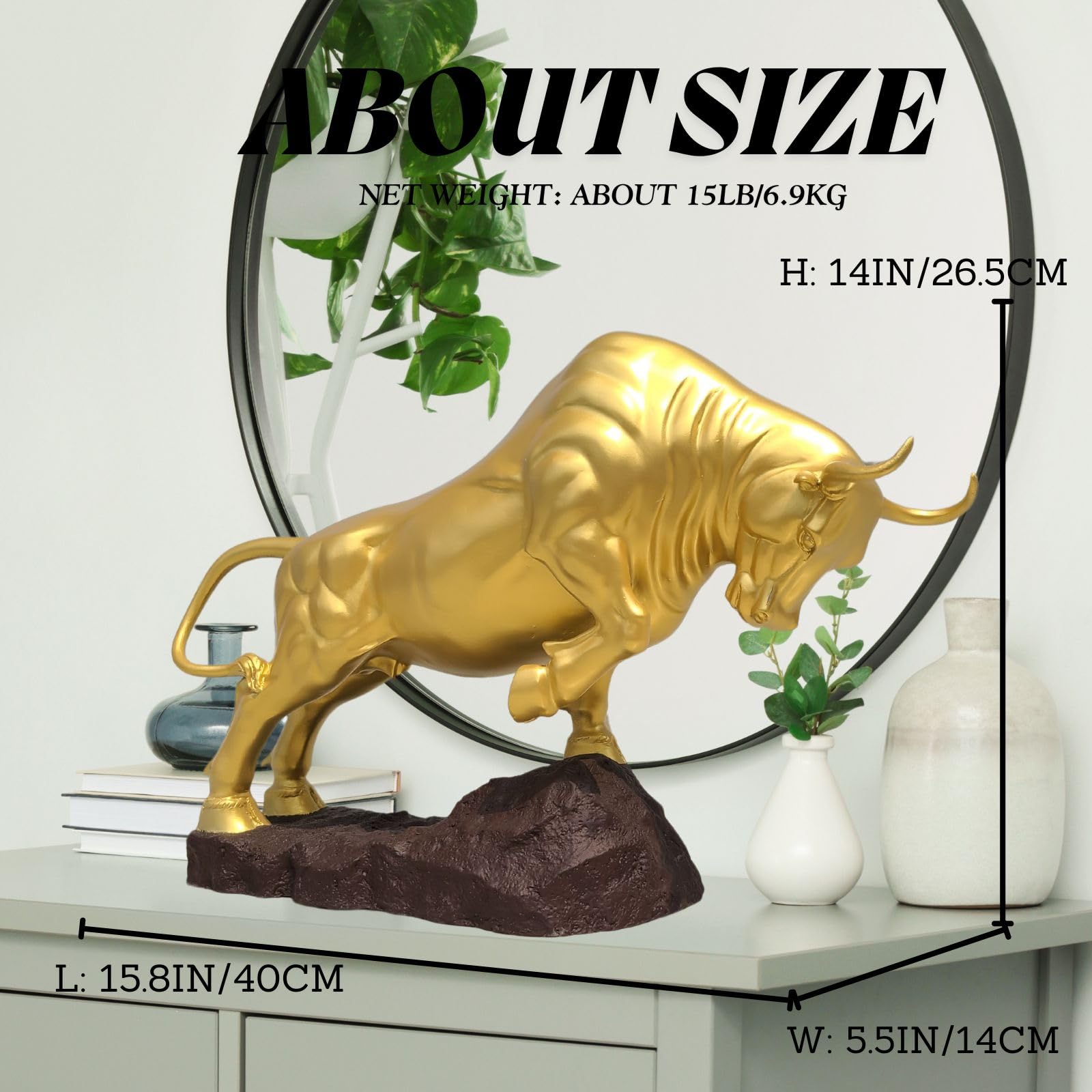 15.8-inch gold charging bull bronze sculpture, classic Wall Street bull profile.
