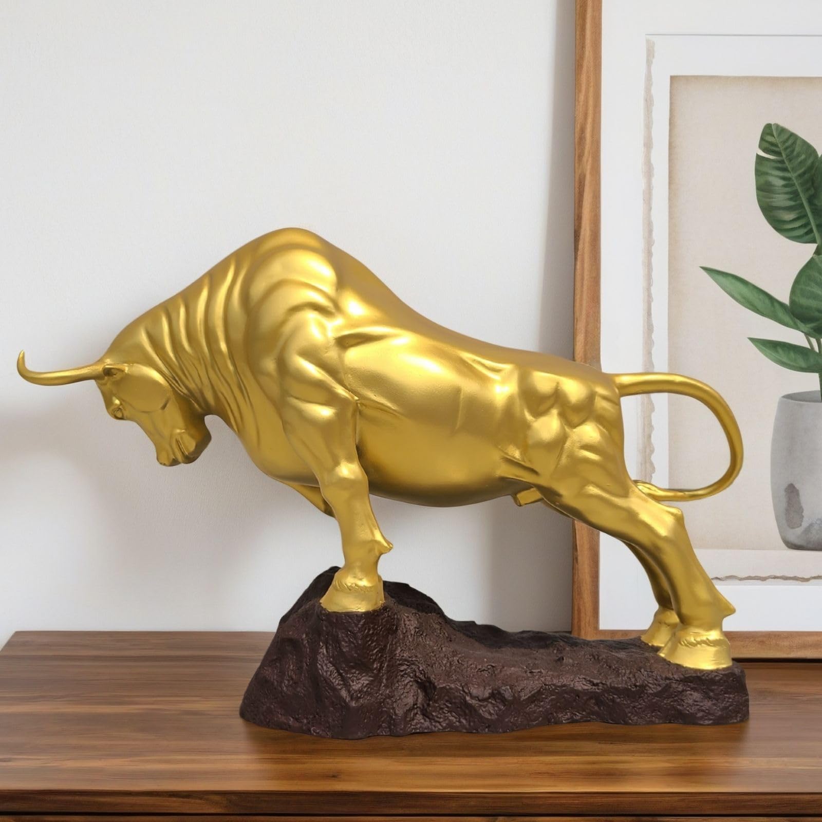 Luxury gold finish charging bull sculpture, 15.8 inch, wealth symbol decor