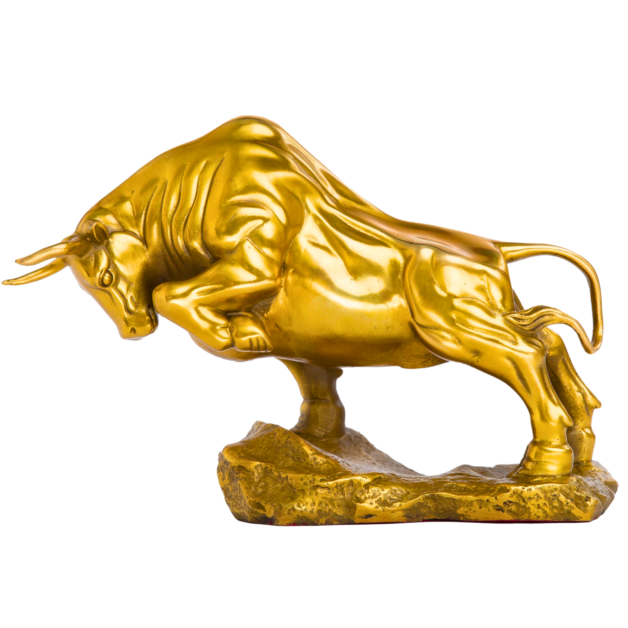 Handcrafted golden yellow charging bull statue, front view.