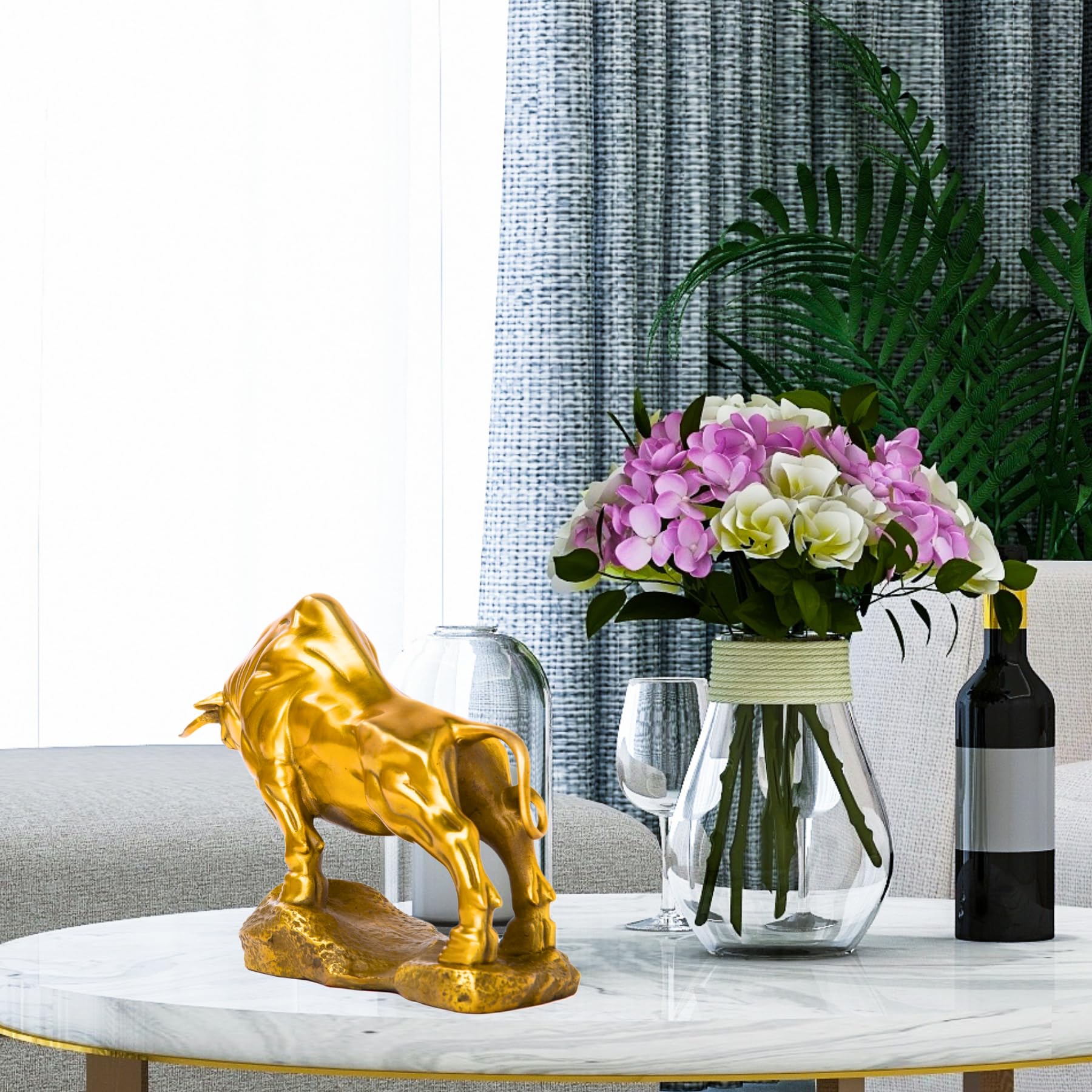 Golden yellow bull figurine styled on an executive office desk.