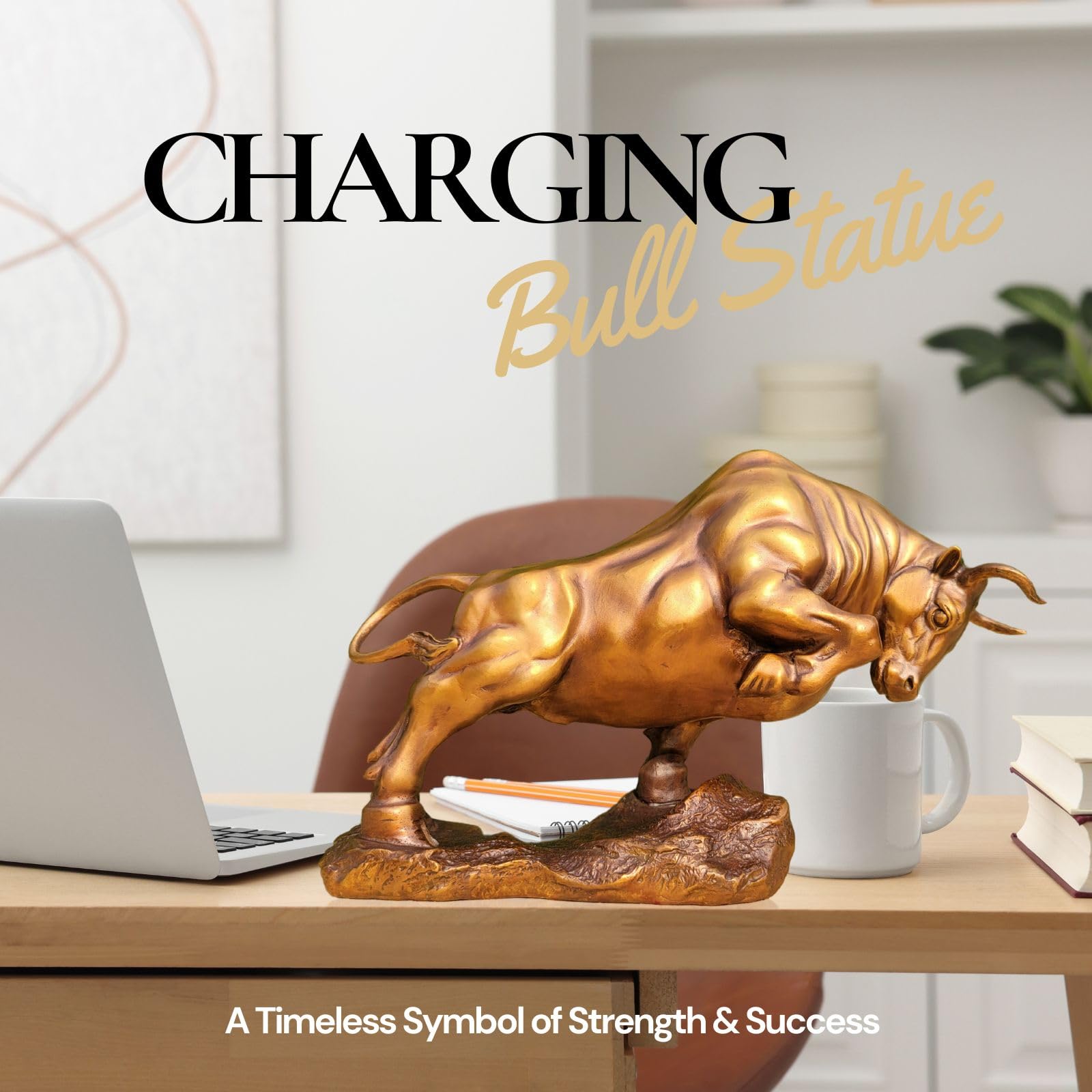 Charging bull sculpture in golden yellow, side angle view.