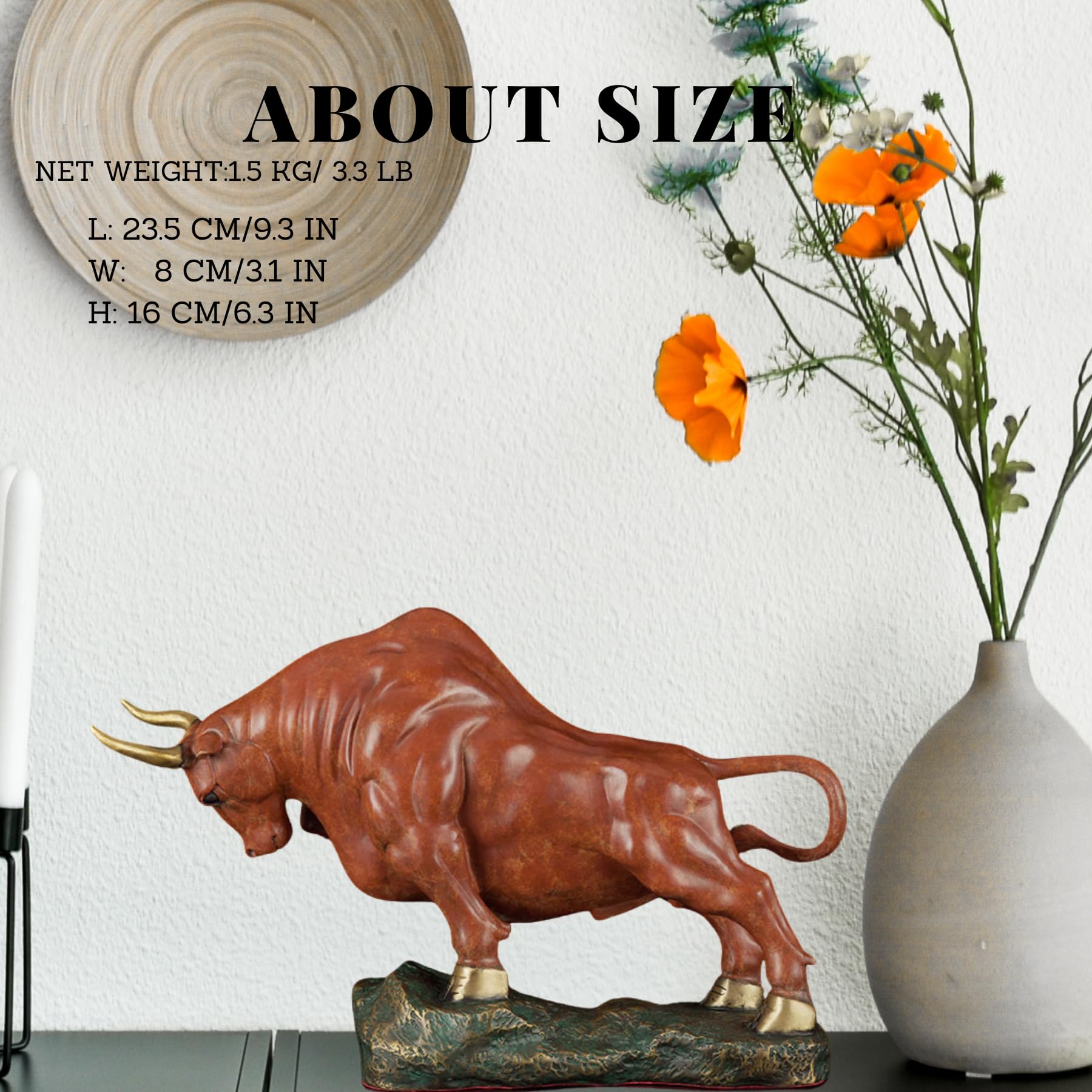 9.5 in -orange-red charging bull statue size reference.