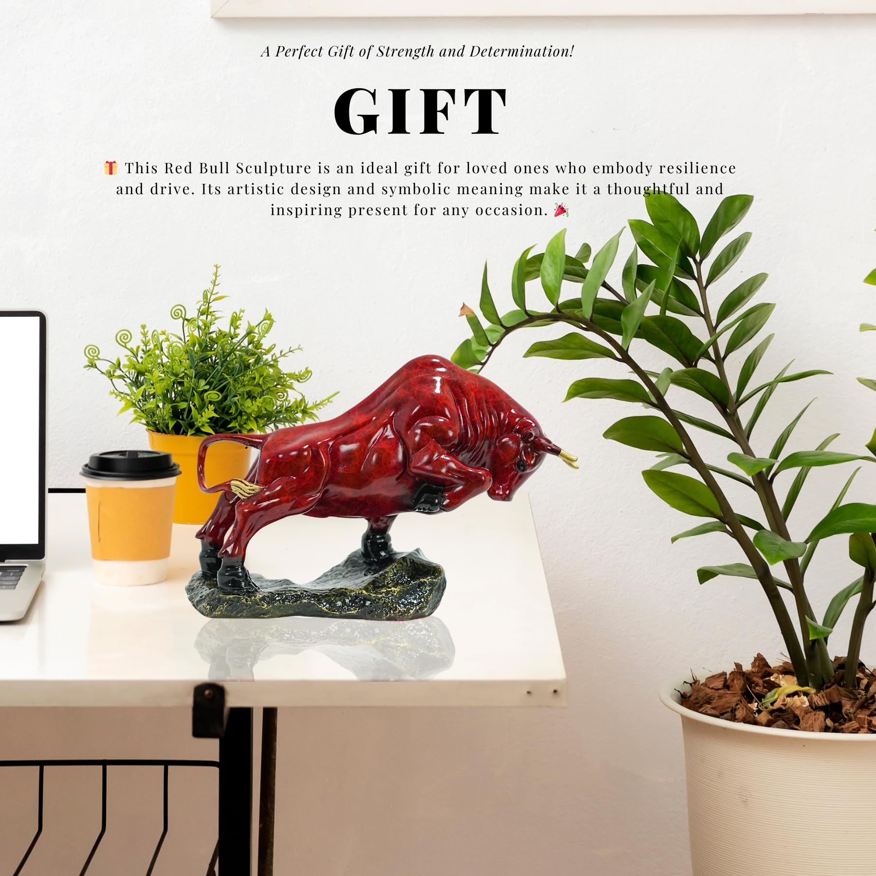 Small red bronze bull on office desk for interior decor.