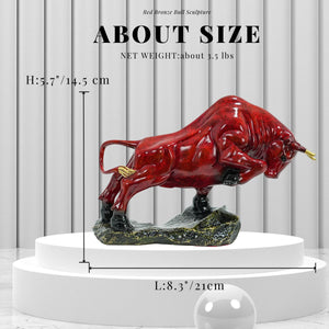 Red bronze charging bull figurine, side profile display.