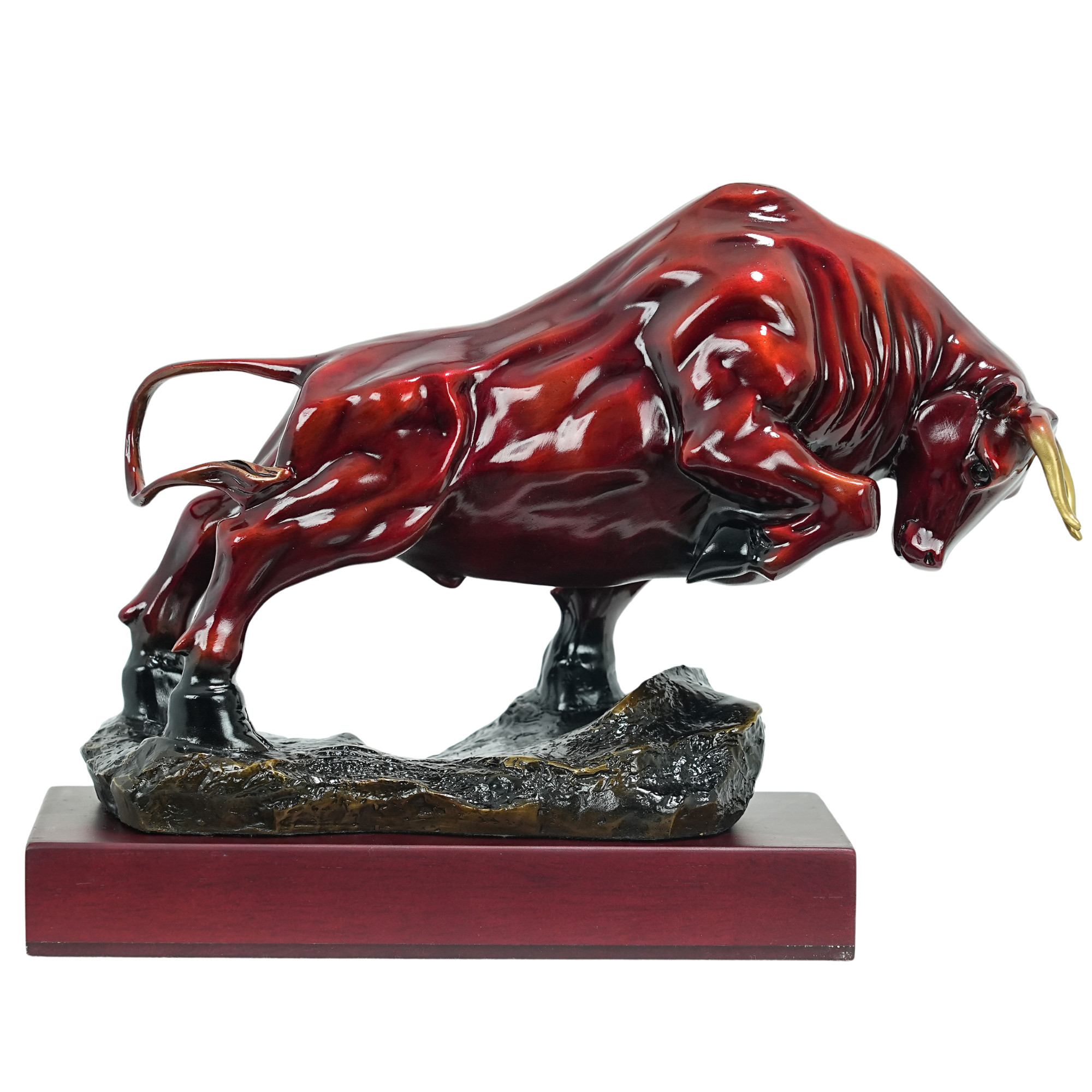 12.6-inch red bronze charging bull with wood base, front.