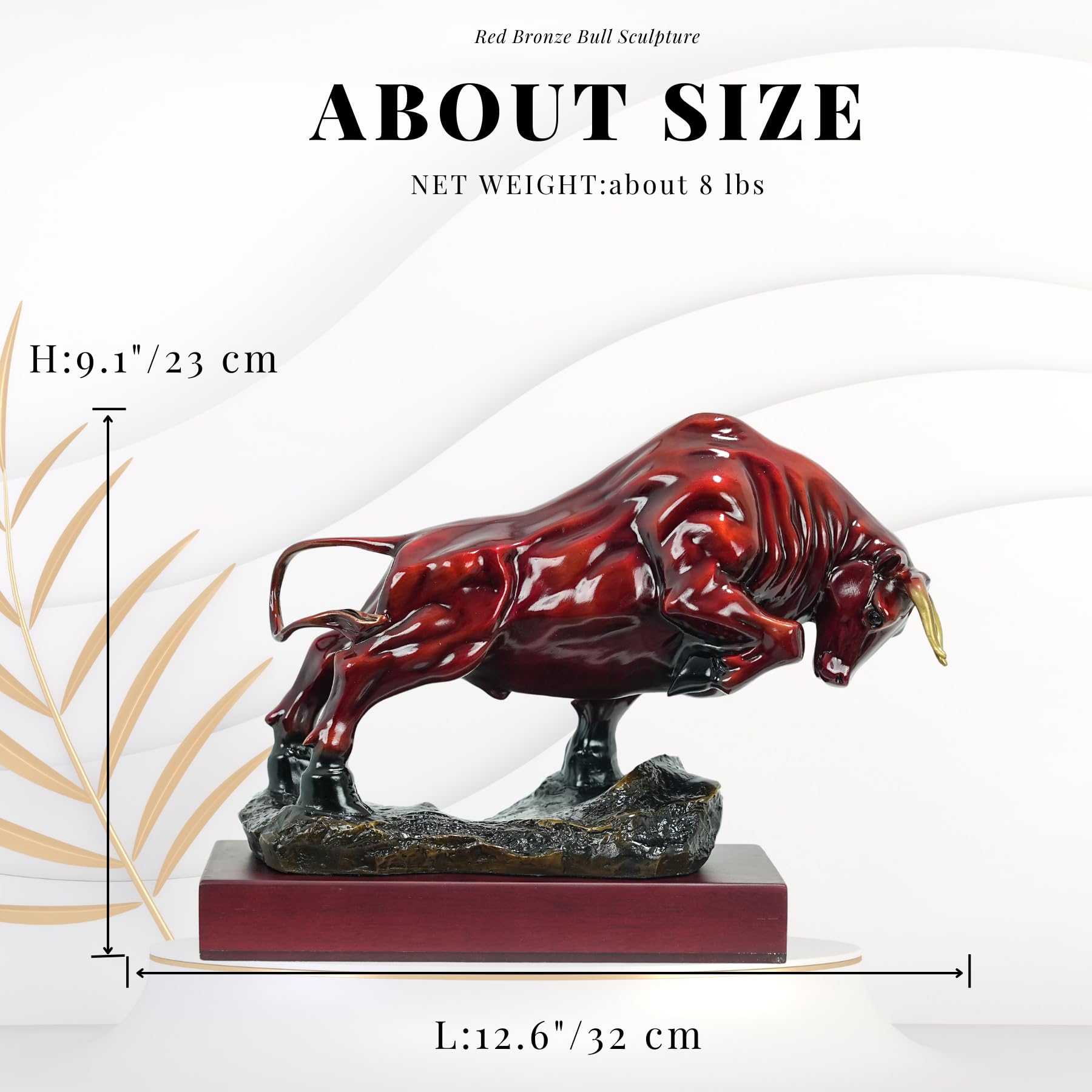 Red bronze bull sculpture with wood base, side view.