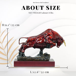Red bronze bull sculpture with wood base, side view.