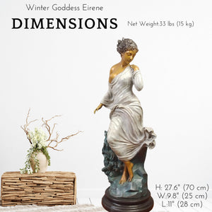 Chione goddess bronze statue dimensions chart showing 27 inch height and base measurements in indoor scene