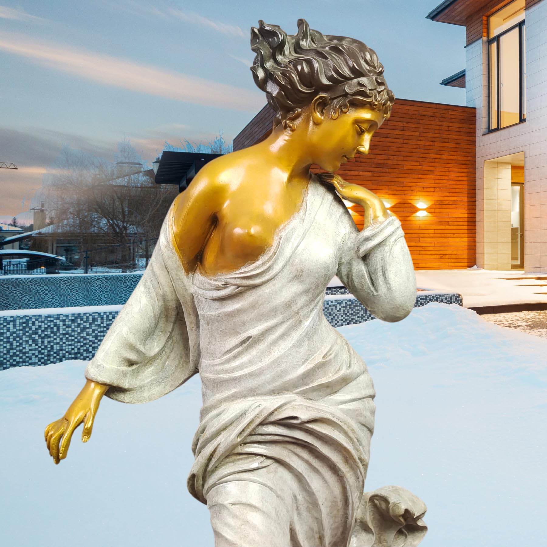 Close-up of Chione goddess bronze statue showing detailed face expression and flowing white gown sculpting