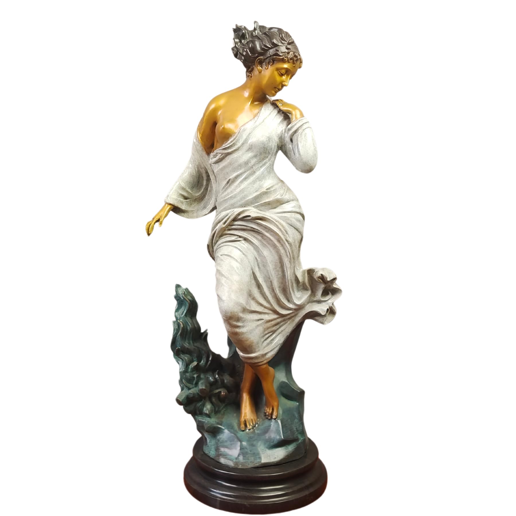 Chione goddess bronze statue 27 inch front view on white background with polychrome white gown and black marble base