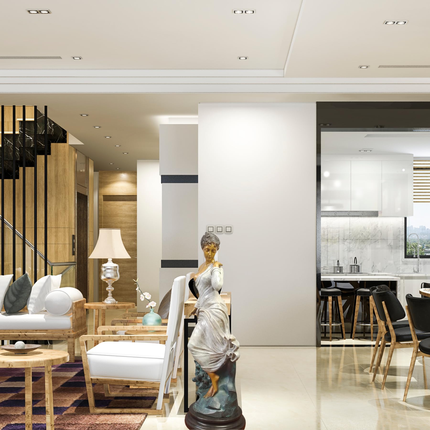 Chione goddess bronze statue displayed in modern white interior as luxury indoor sculpture decor