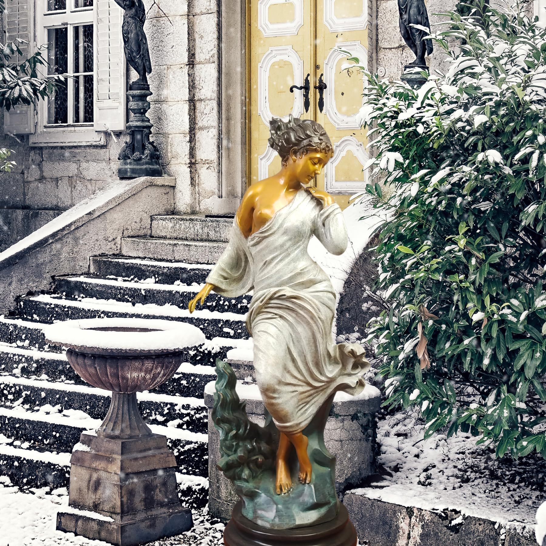 Chione goddess bronze statue displayed on stone steps outside European style building as garden sculpture