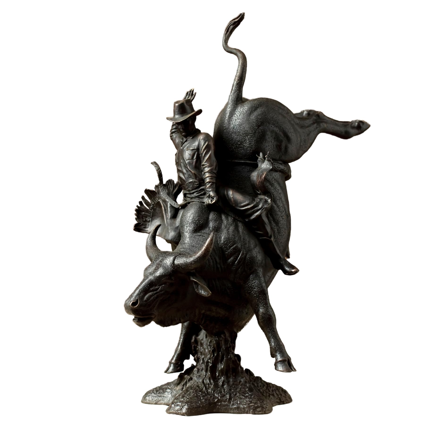 Side dynamic angle of heavy solid bronze cowboy rodeo bull riding action sculpture