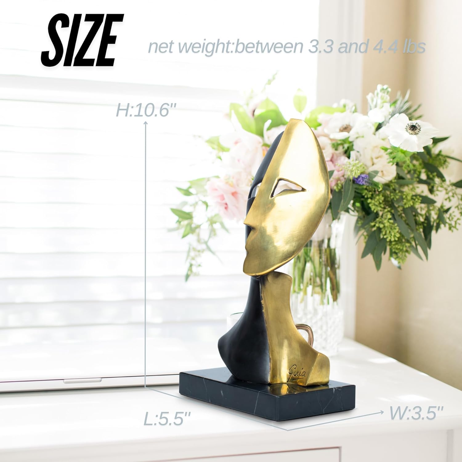 10.6-inch cubist mask bronze sculpture gold and black two-tone on marble base with size dimension reference