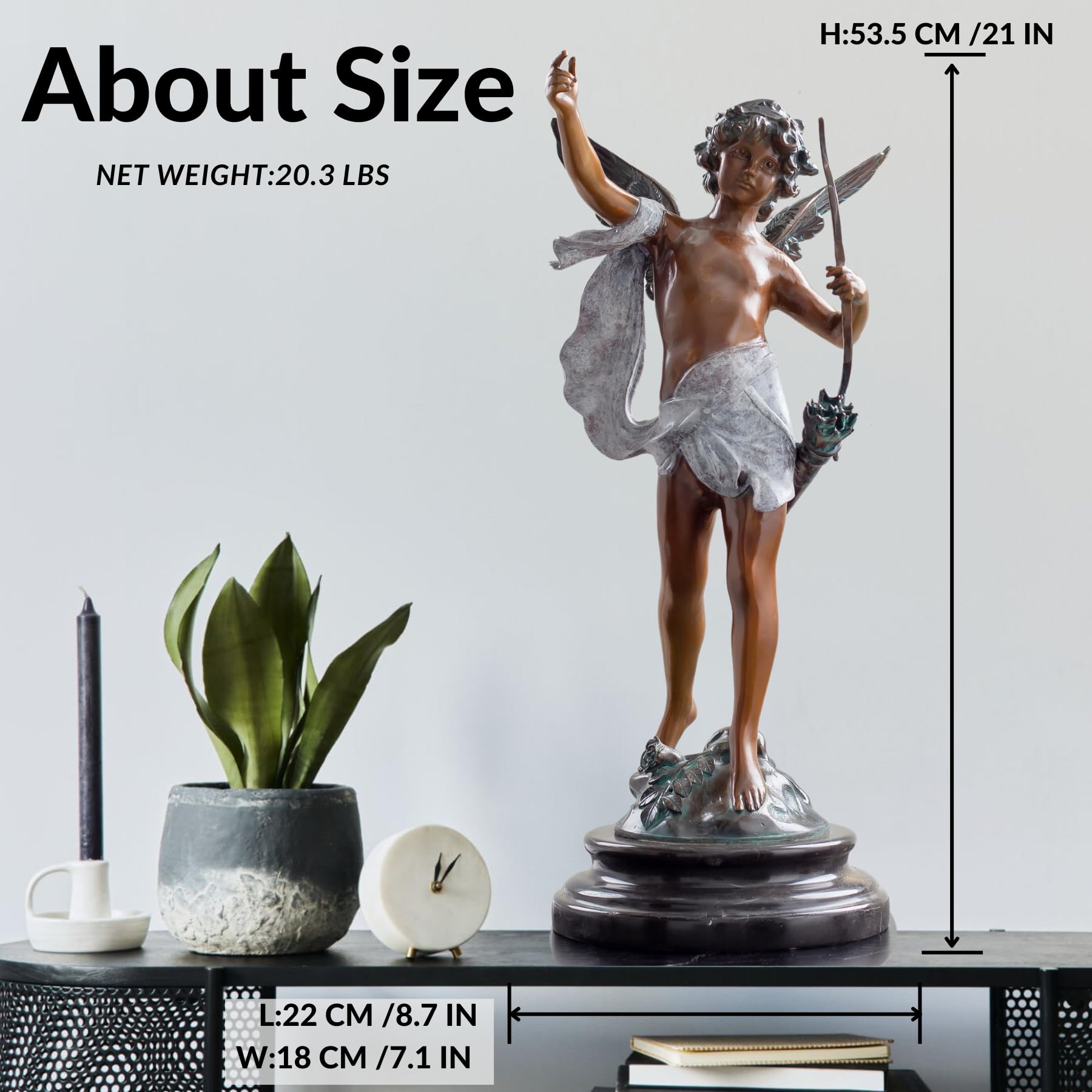 Cupid bronze sculpture about size reference desk display office setting