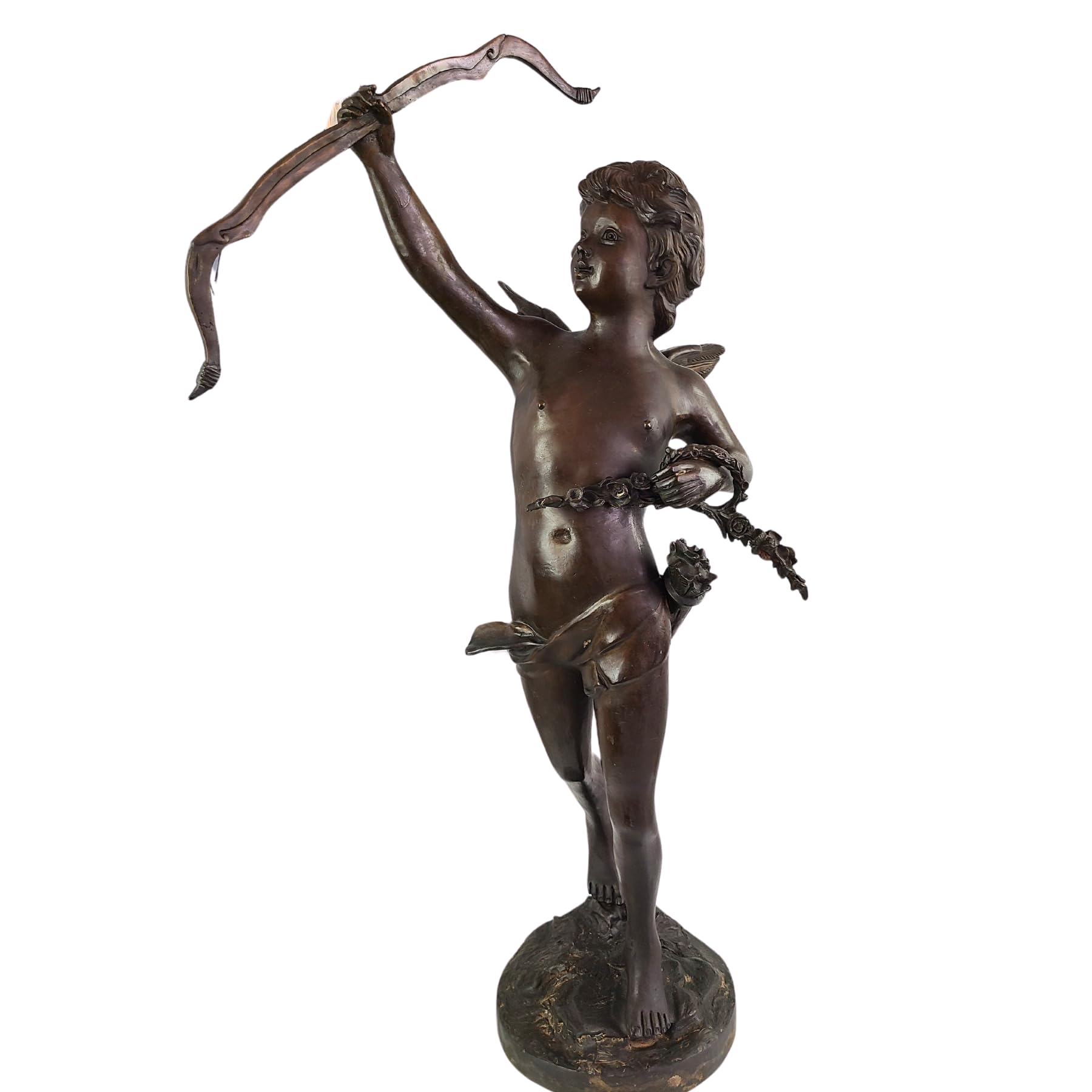 Cupid bronze sculpture classic dark patina bow front view round marble base