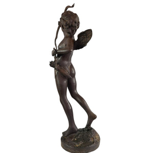 Cupid bronze sculpture classic patina three quarter angle view marble base