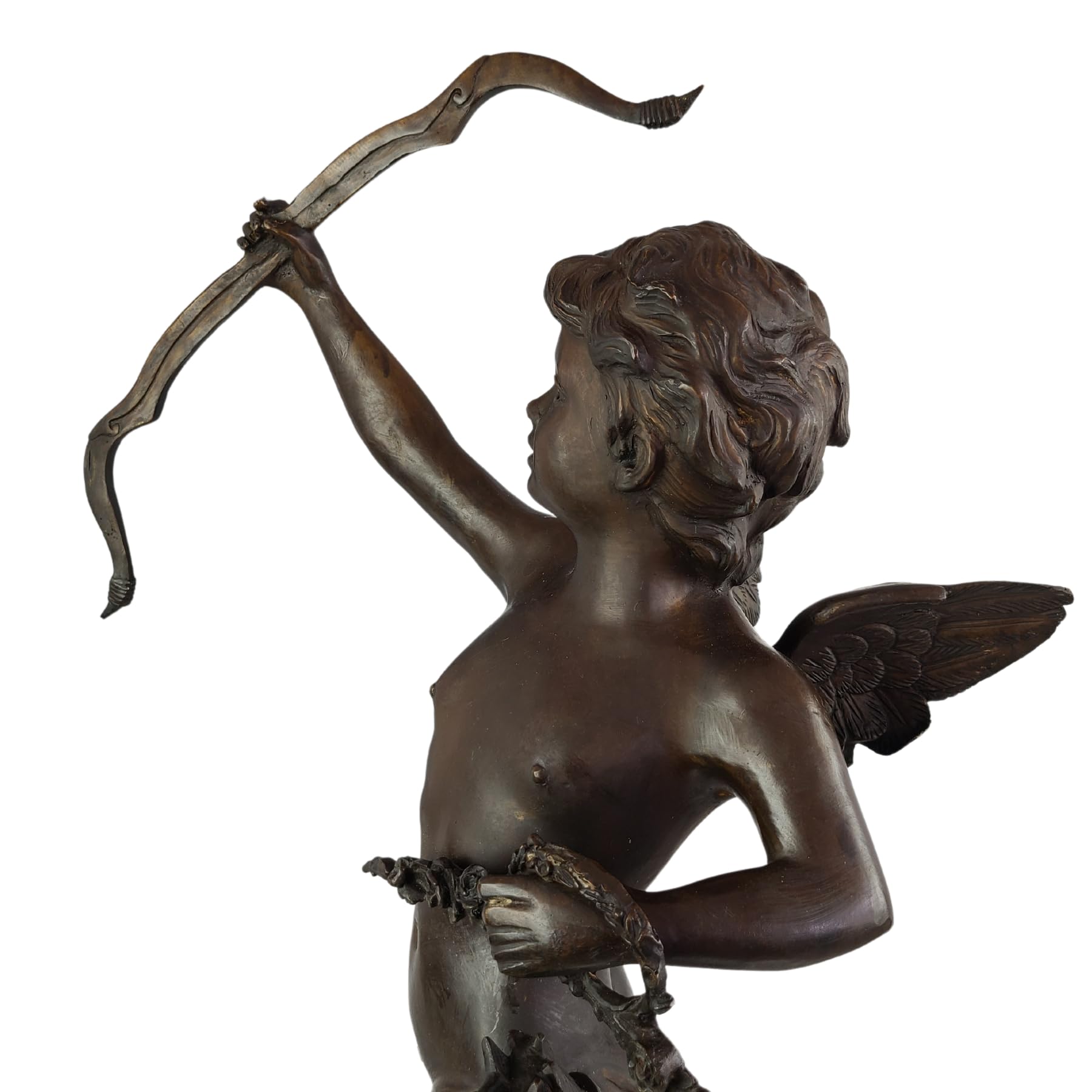 Cupid bronze sculpture colorful teal gold delicate wings beside vase display