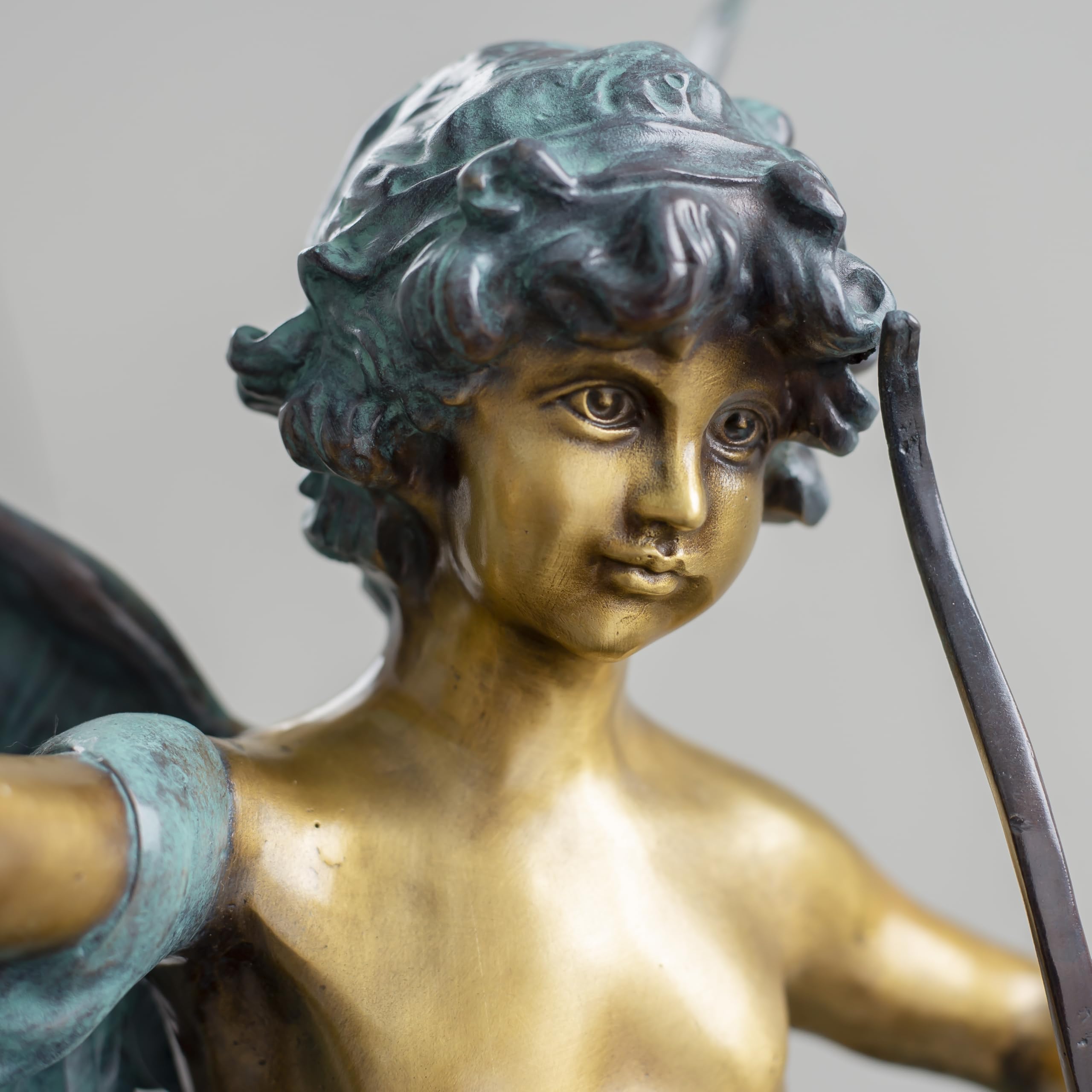 Cupid bronze sculpture colorful teal gold front view white background full body
