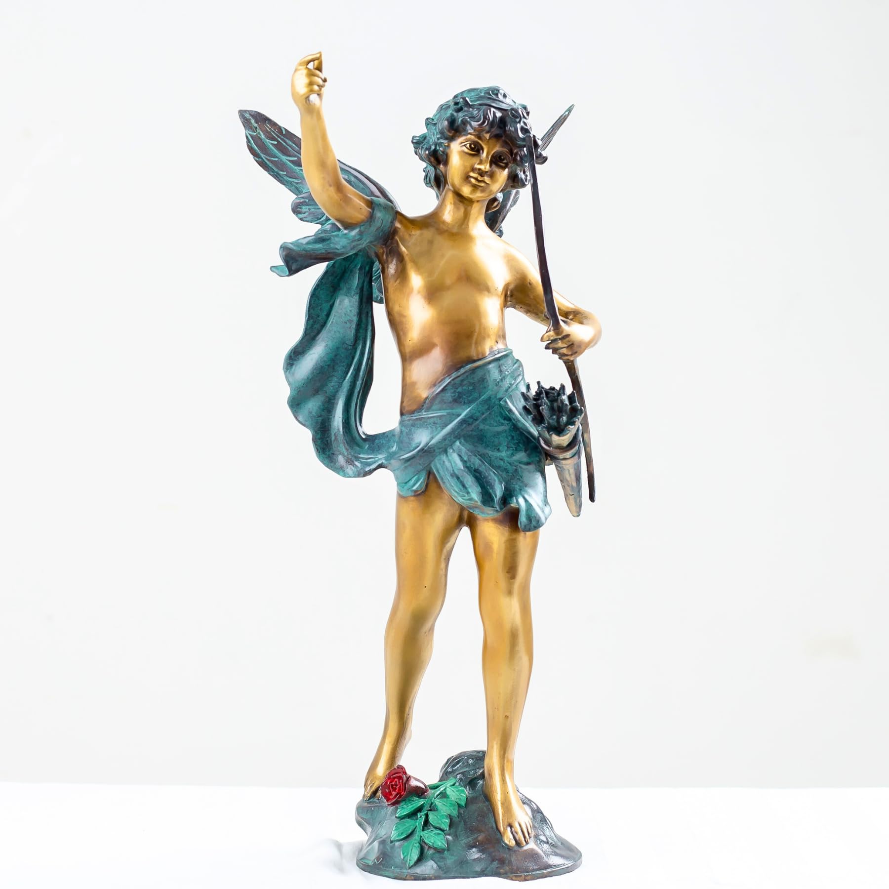 Cupid bronze sculpture colorful teal and gold finish full view round base
