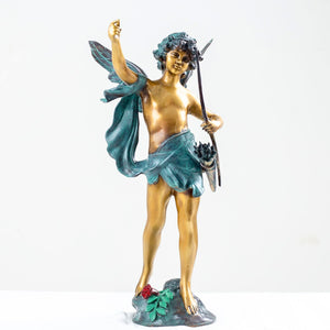 Cupid bronze sculpture colorful teal and gold finish full view round base