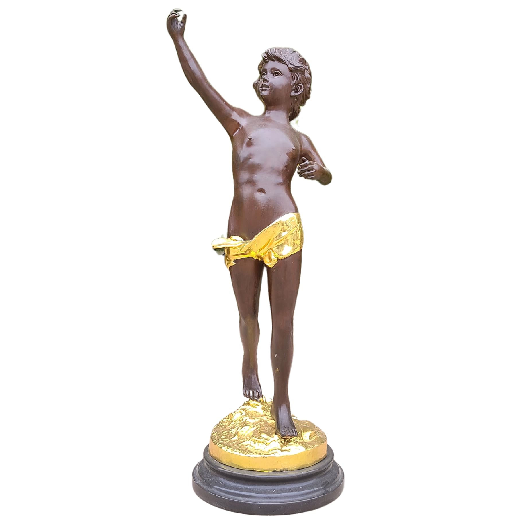 Cupid bronze sculpture colorful teal finish standing pose arms raised