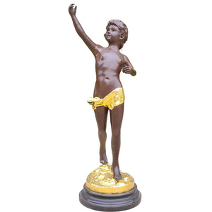Cupid bronze sculpture colorful teal finish standing pose arms raised