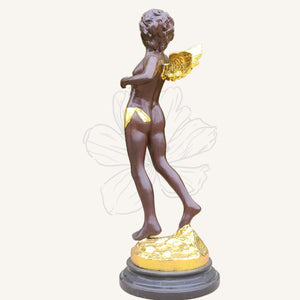 Cupid bronze sculpture yellow wing accent back view full body detail